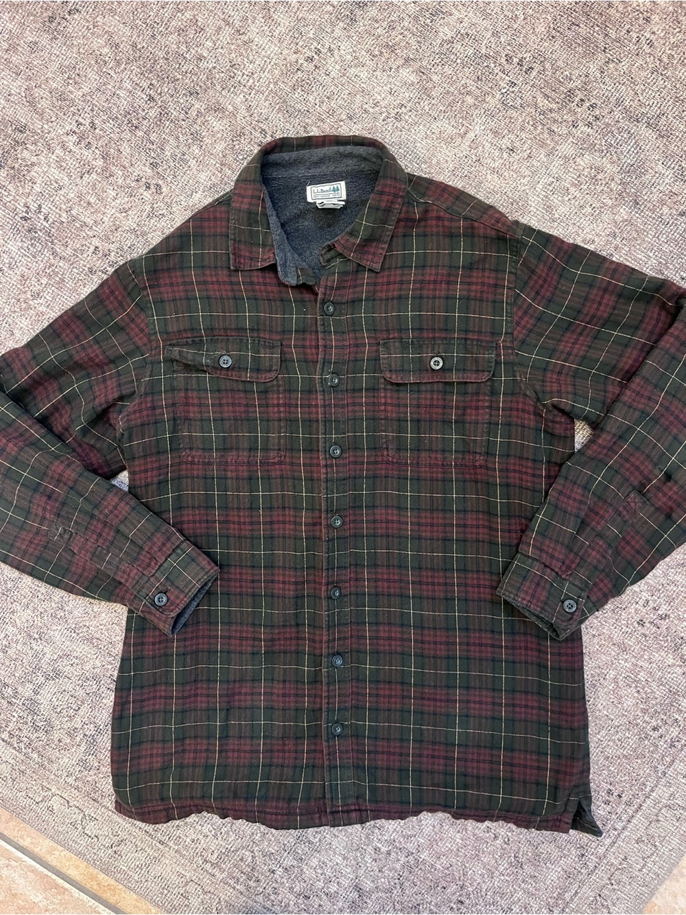 Vintage Cotton L.L. Bean Dark Green & Burgundy Plaid Shirt Jacket L